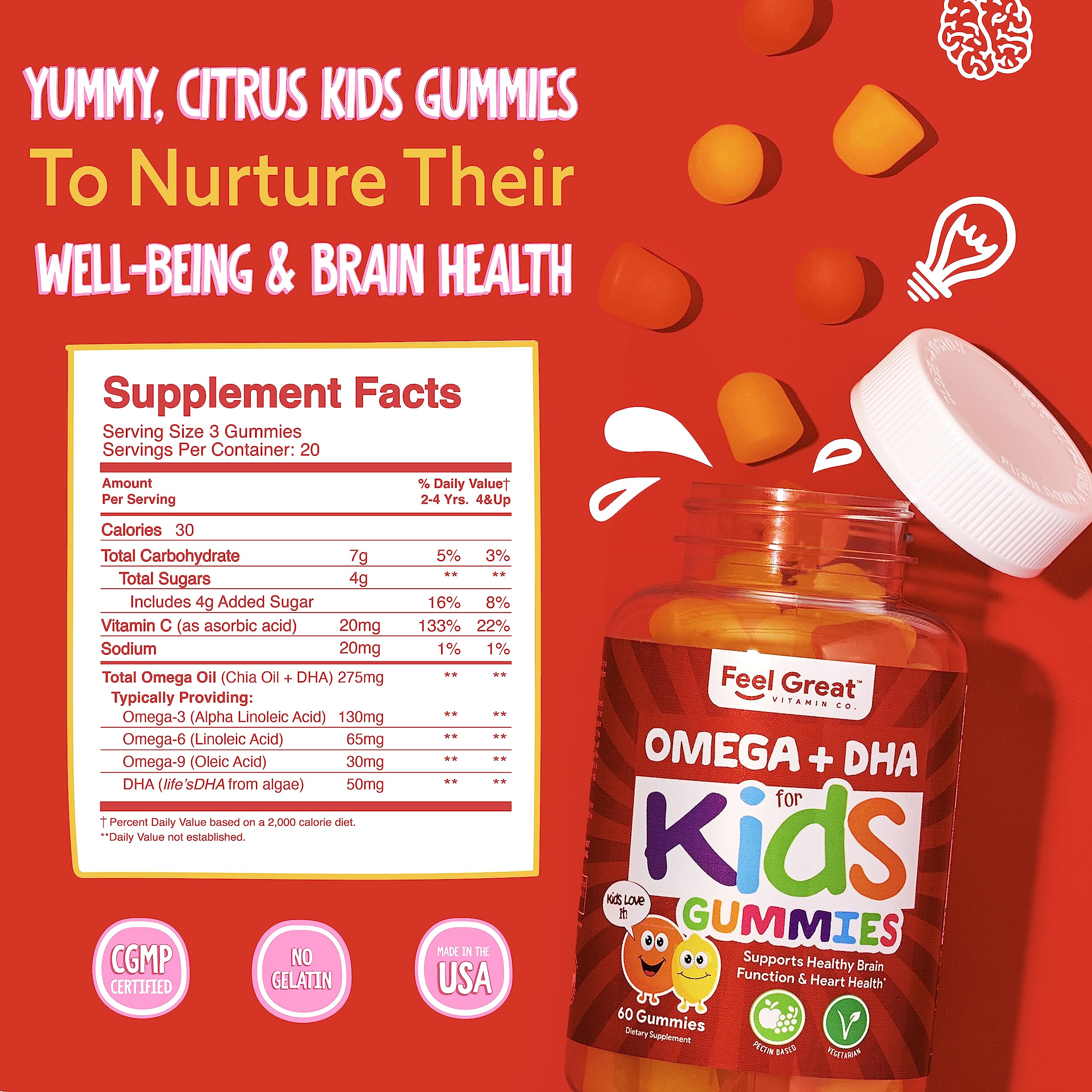 Feel Great Vitamin Co. Complete DHA Gummies for Kids | with Omega 3 6 9 + DHA, Vitamin C | Supports Healthy Brain Function, Vision & Heart Health | Gluten Free, Vegetarian | 60 Gummies
