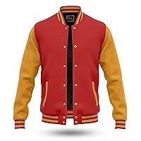 RELDOX Brand Varsity Jacket, Wool Body with Leather Arms Letterman Baseball Unique & Stylish Color Red-Yellow Gold, Size M