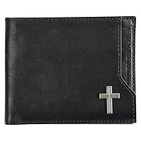 Christian Art Gifts Genuine Premium Full Grain Leather RFID Blocking Silver Engraved Cross Wallet for Men: Multi Pocket Billfold w/Removable ID Window Accessory for Credit Cards, Bills, Photos, Black