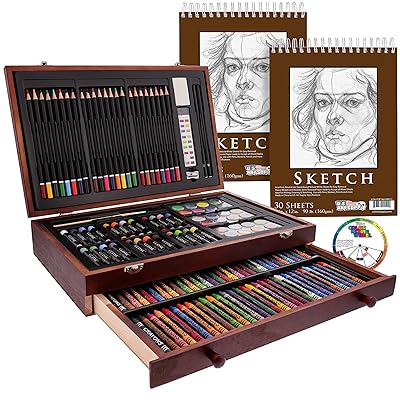 Sunnyglade 145 Piece Deluxe Art Set, Wooden Art Box & Drawing Kit