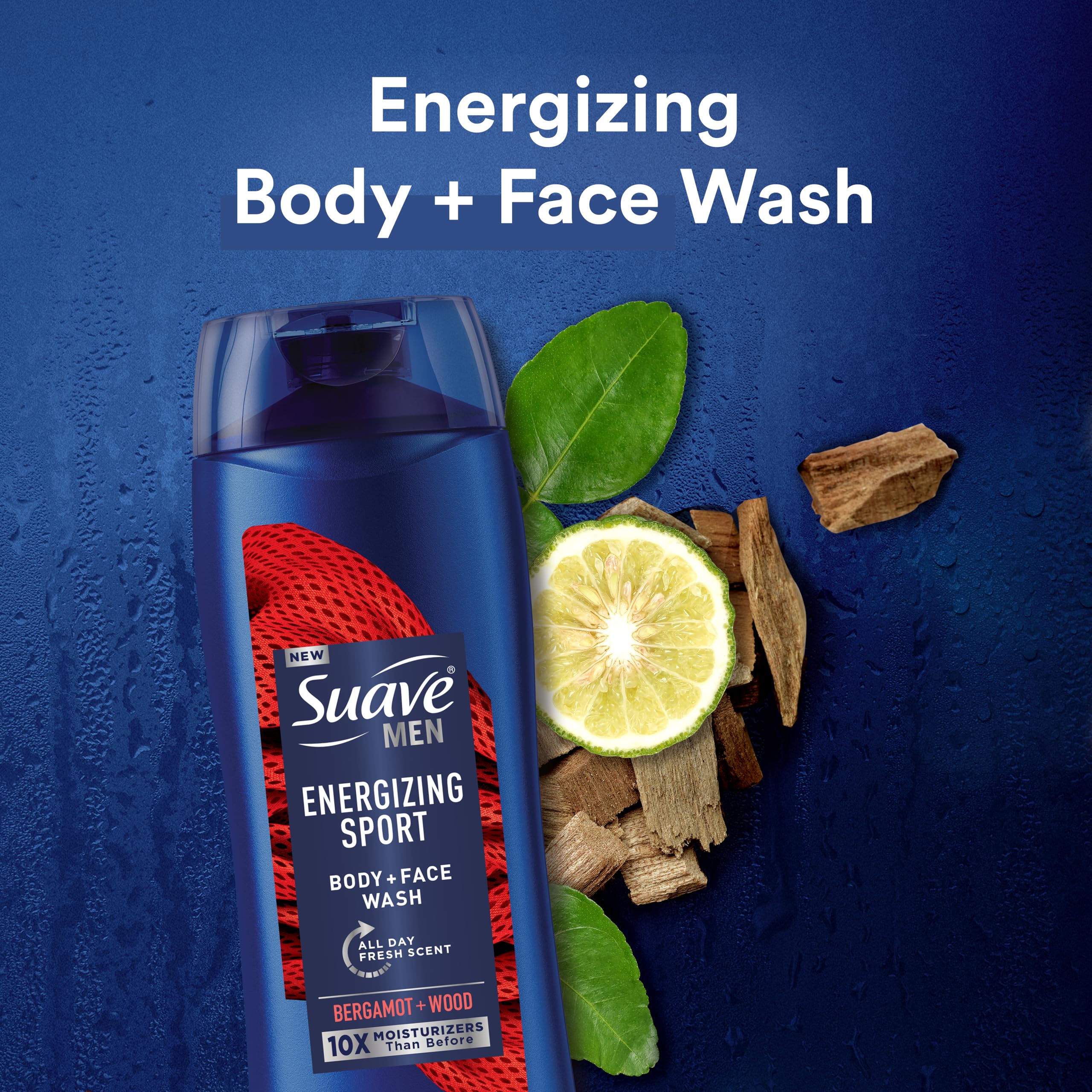 Suave Men Moisturizing Body & Face Wash, Energizing Sport with Bergamot & Wood Scent, No Parabens, No Phtahaltes, 18 Oz Pack of 6