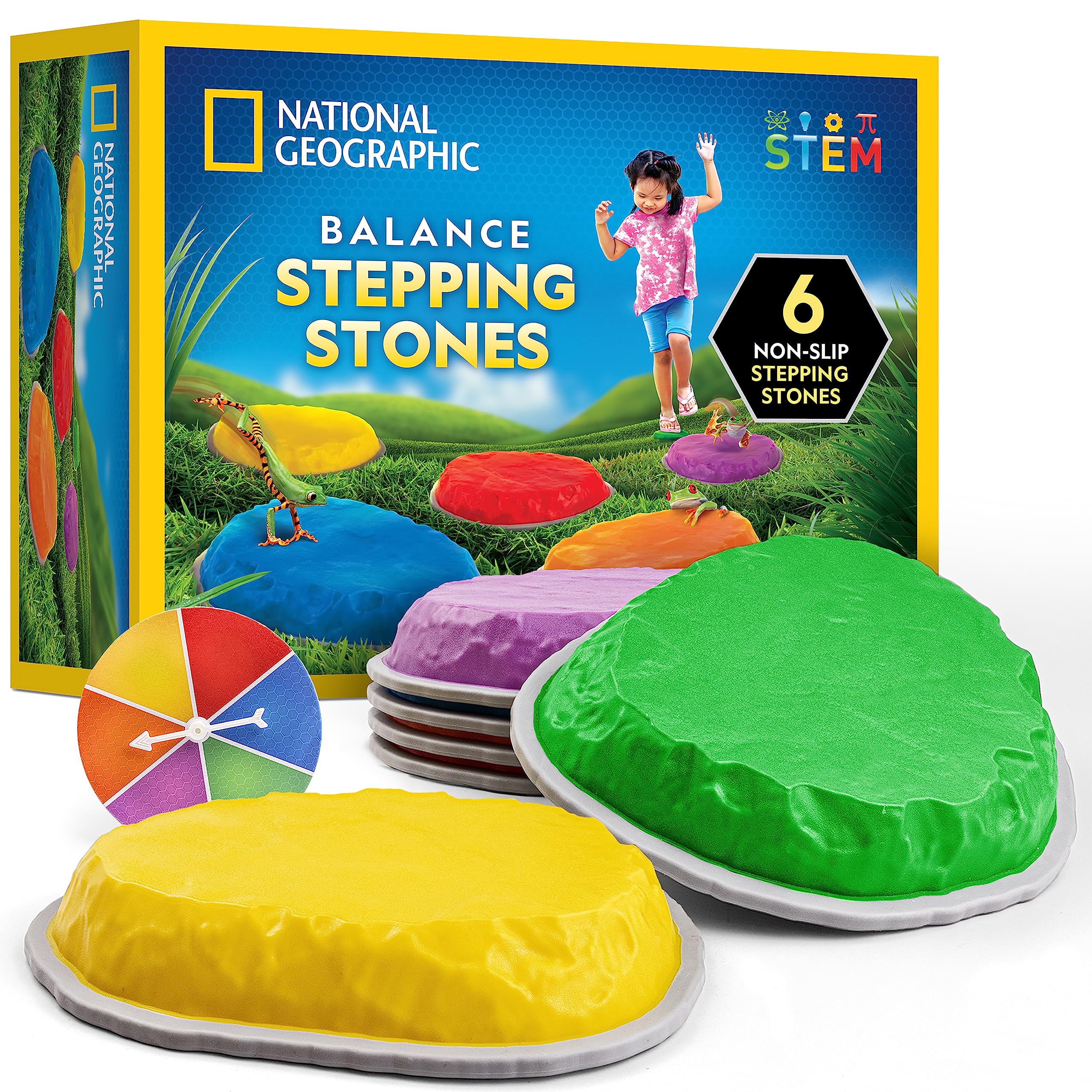 NATIONAL GEOGRAPHIC Stepping Stones for Kids – 6 Durable Non-Slip Stones Encourage Toddler Balance & Gross Motor Skills, Indoor & Outdoor Toys, Balance Stones, Obstacle Course (Amazon Exclusive)