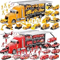 JOYIN 25pcs Die-cast Construction Play Vehicle Set with 25pcs Rescue Emergency Fire Truck Car Vehicle Toy Set, Carrier Truck with Sounds and Lights, Birthday Gifts for Over 3 Years Old Boys
