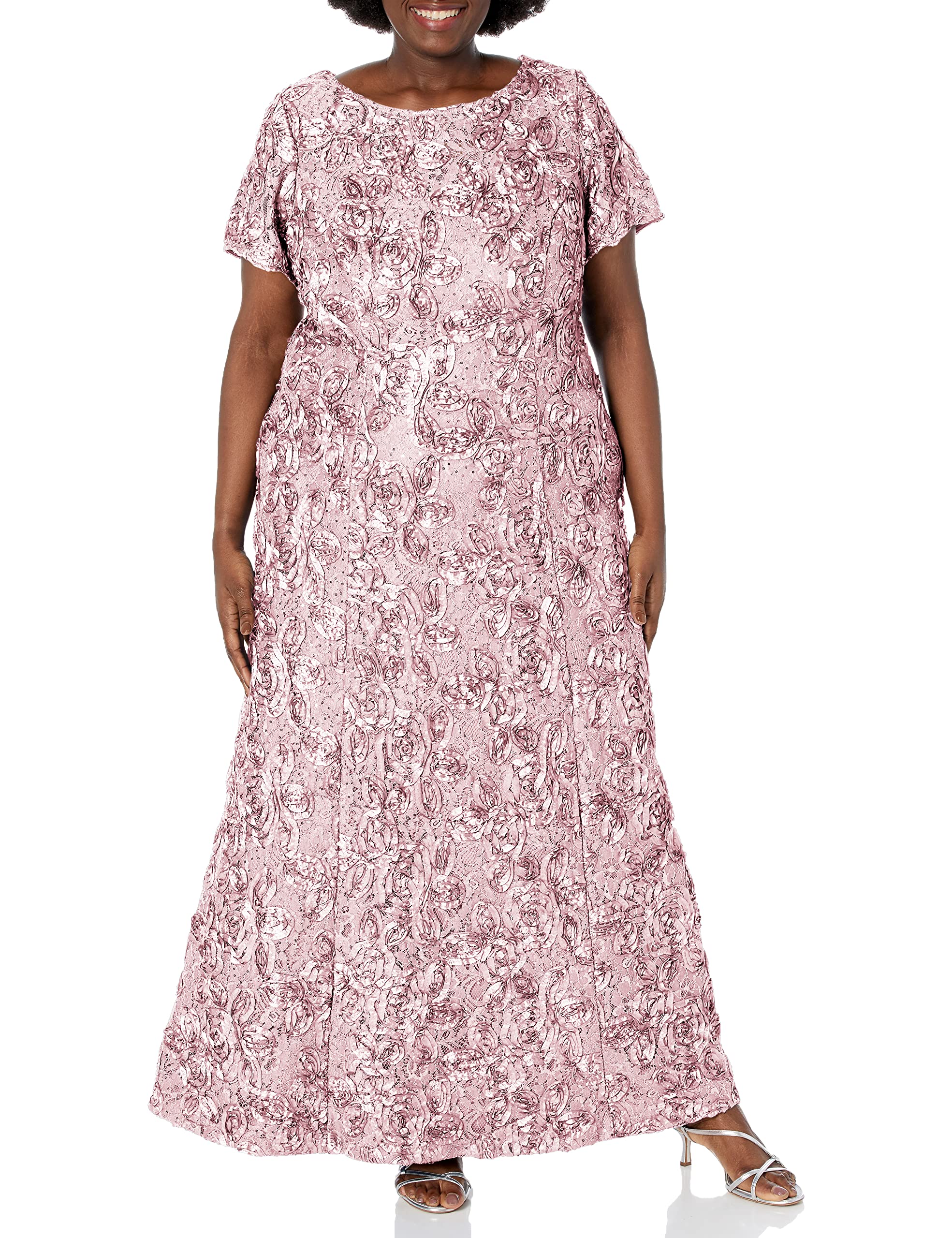 Alex Evenings Women's Plus Size Short Sleeve Long A-line Rosette Lace Dress