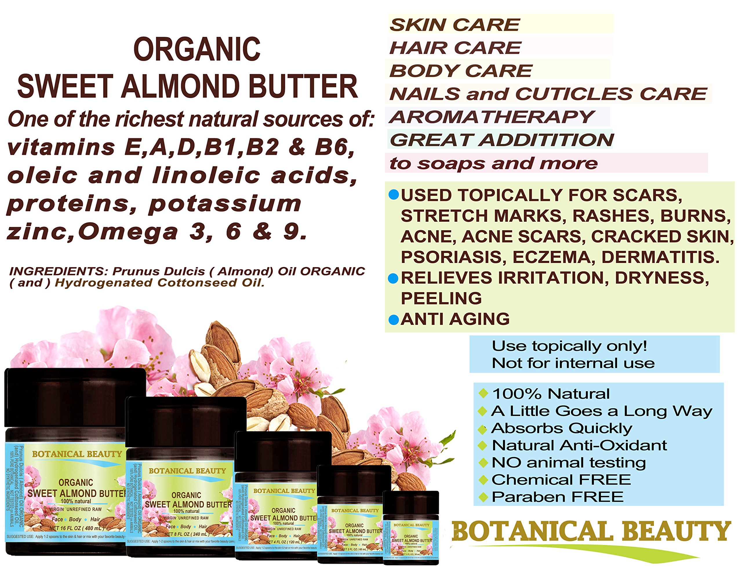 SWEET ALMOND OIL - BUTTER ORGANIC RAW. 100% Natural/VIRGIN/UNREFINED. 16 Fl.oz.- 480 ml. For Skin, Hair and Nail Care.