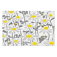 Ambesonne Pet Mat for Food and Water, Rectangle Non-Slip Rubber Mat for Dogs and Cats, Daisy Flowers with Bees in Spring Time Honey Petals Floret Nature Purity Blooming, Yellow Grey
