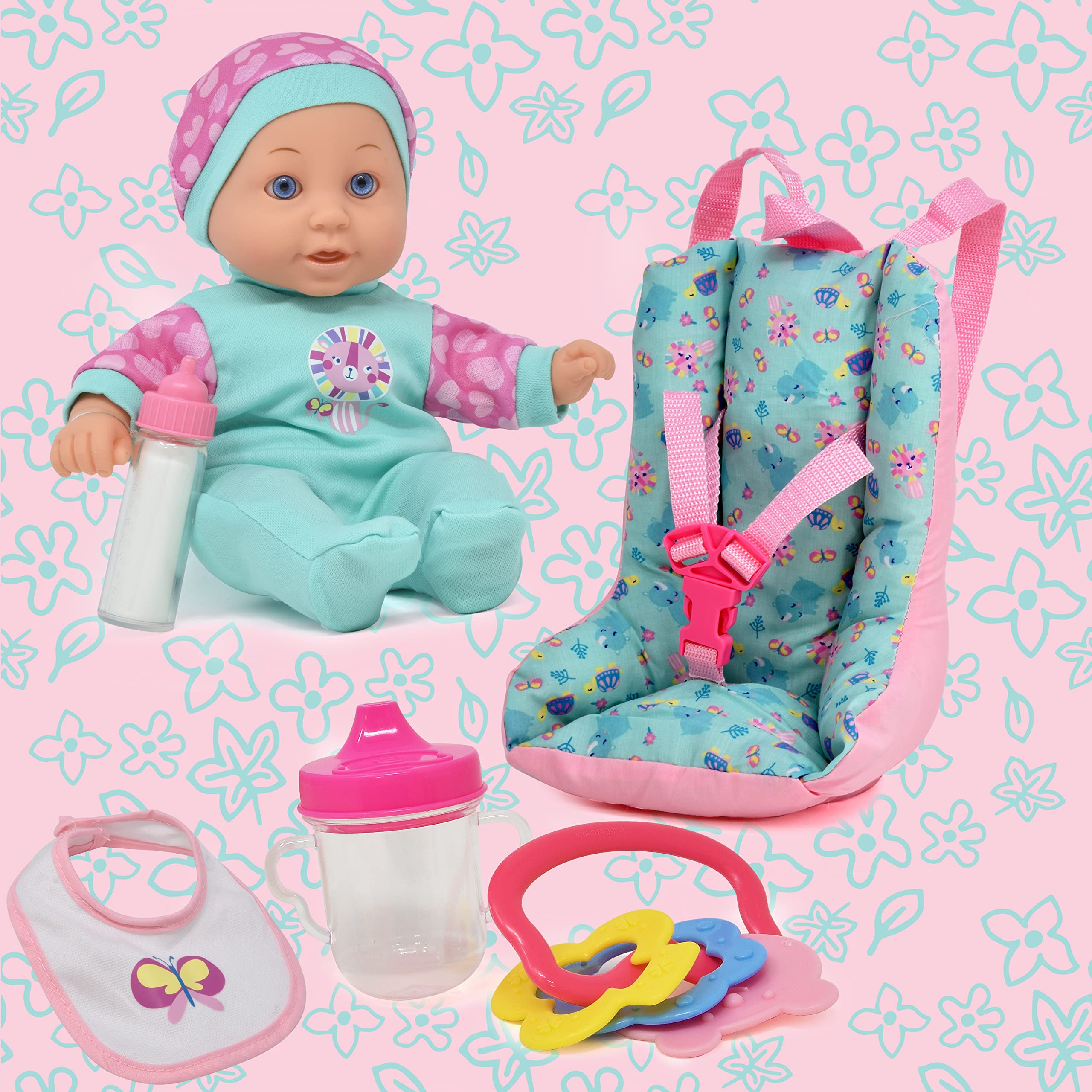 12 Inch Soft Body Baby Doll with Car Seat Carrier Backpack, Baby Doll with 2 Feeding Bottles Bib Rattle Toy Accessories Baby Doll Travel Gift Play Set for Toddlers Infants Kids Girls and Boys
