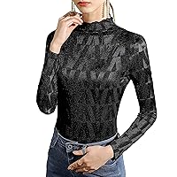 Mesh Tops for Women, Spring Fashion Mock Neck Long Sleeve See Through Patchwork Stretchy Shirts Elegant Work Blouses