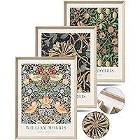 UPWOIGH Framed Vintage Wall Art, William Morris Wood Canvas Wall Decor, Gold Strawberry Thief Wall Art, Birds Botanical Cotton Prints Poster,16x12in