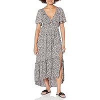 Angie Women's Short Sleeve Twist Front Maxi Dress with Slit, Black-White, Small