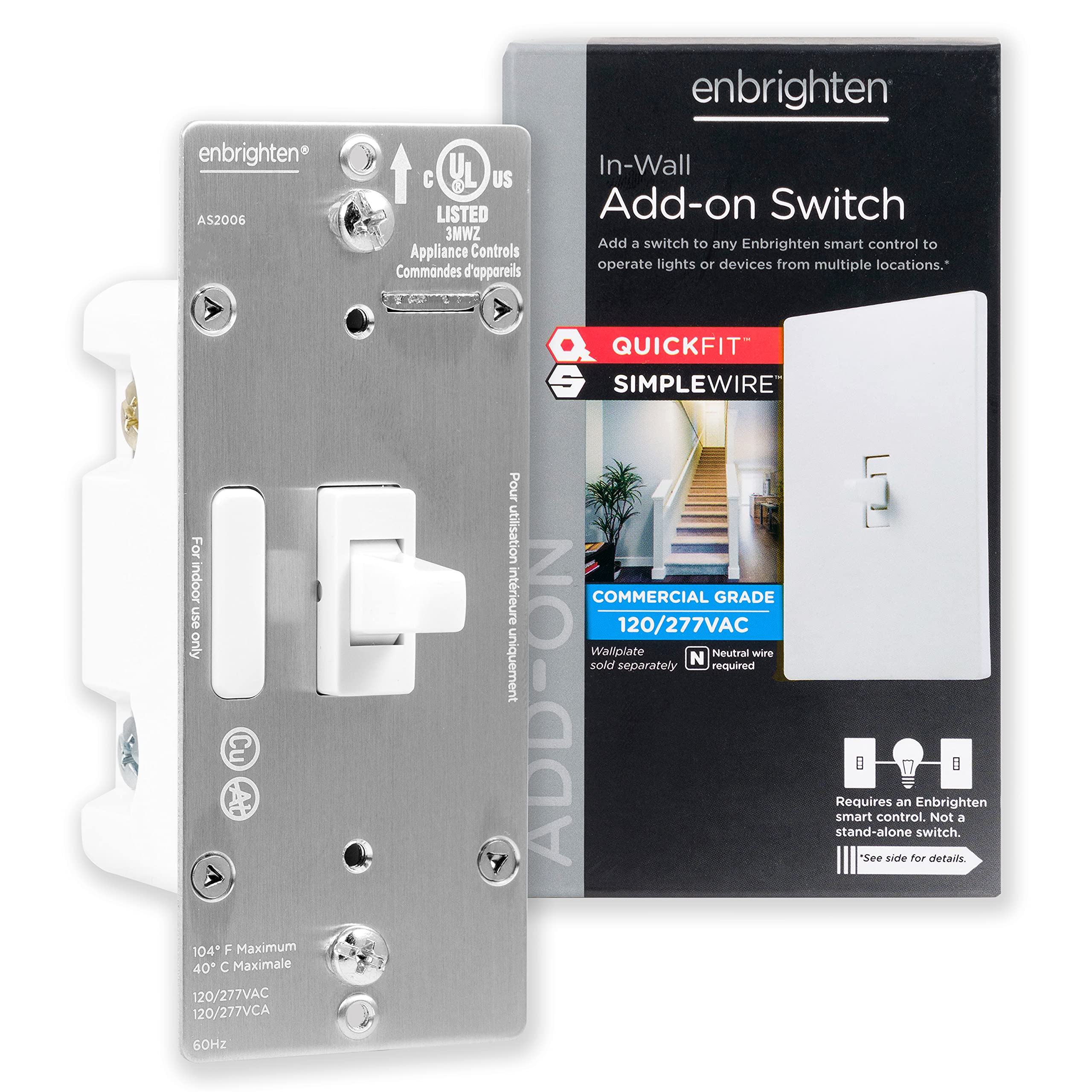 Enbrighten White Add-On Switch, QuickFit & SimpleWire, Smart Light Control, Z-Wave/Zigbee Smart Light Switch, Works with Alexa, Google Assistant, Not A Stand Alone Switch, Smart Home Devices, 46200