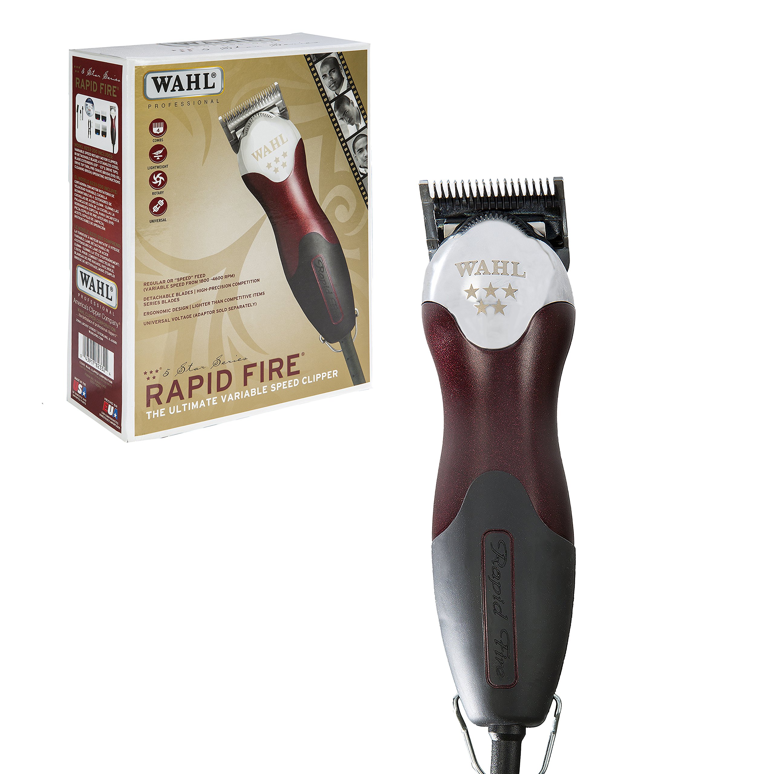 Wahl Professional 5 Star Rapid Fire Clipper for High Precision Cutting with 4 Steel Blade Extenders for Professional Barbers and Stylists – Model 8233-200