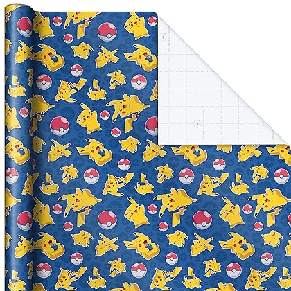 Hallmark Pokémon Wrapping Paper with Cutlines on Reverse (3 Rolls: 60 Sq. Ft. Ttl) with Pikachu, Charmander, Bulbasaur for Birthdays, Kids Parties, Gamers, Christmas Gifts