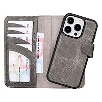 BOULETTA for iPhone 15 Pro Case Magsafe Compatible Full Grain Leather, Magnetic Detachable Folio Phone Wallet Case (2 in 1) - 4 Card Holders with RFID Blocking 6.1 inch, Gray