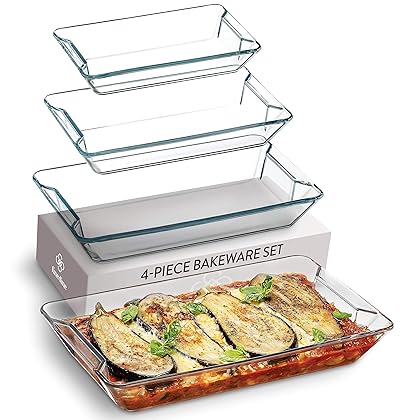 Superior Glass Casserole Dish Set - 4-Piece Rectangular Bakeware Set, Modern Unique Design Glass Baking-Dish Set - Grip Handles for Easy Carry from Hot Oven To Table, Nesting for Space-Saving Storage.