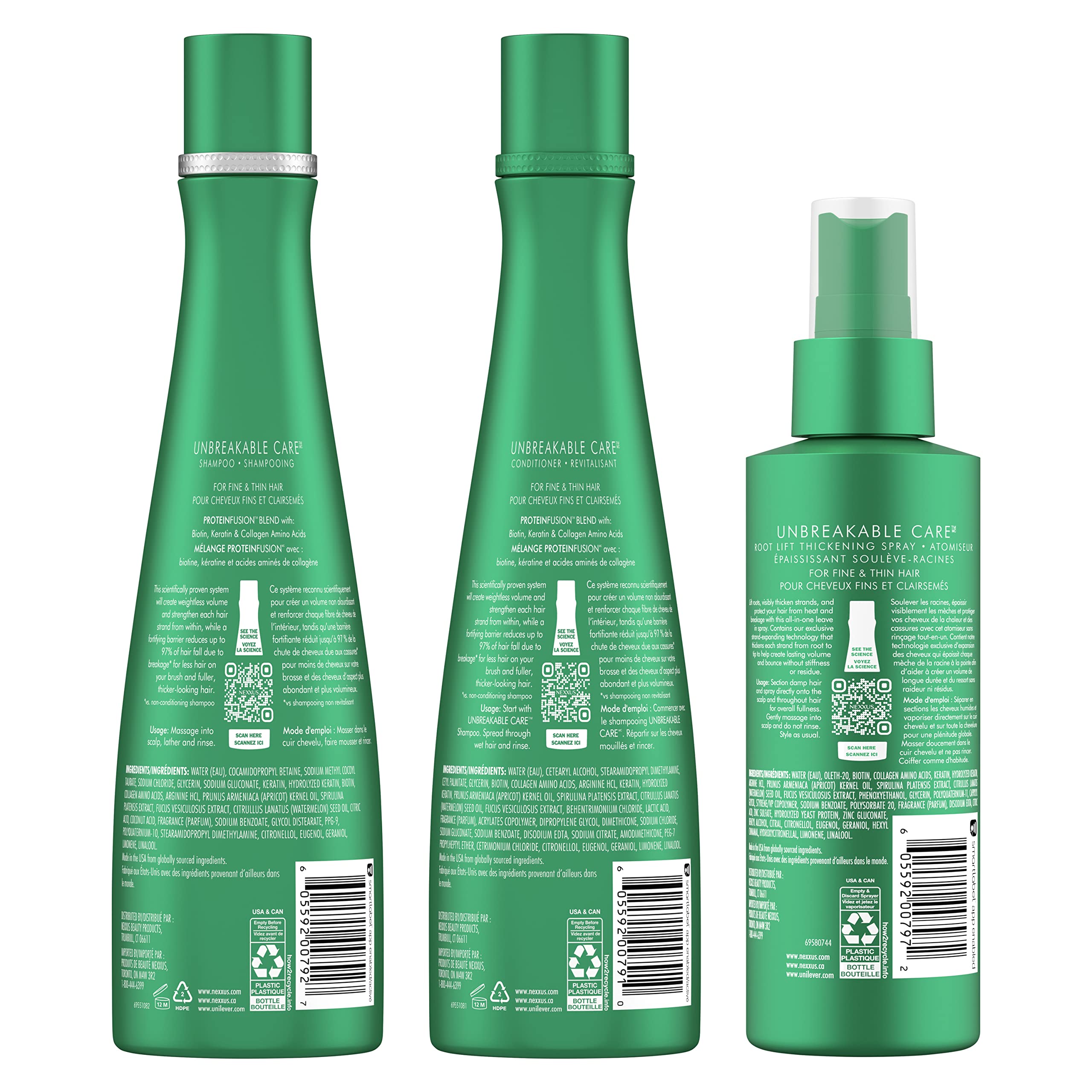 Nexxus Unbreakable Care Shampoo, Conditioner, and Leave-In Spray 3 Pack For Fine and Thin Hair with Keratin, Collagen, Biotin (White)