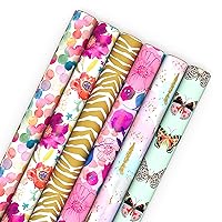 Hallmark Wrapping Paper with Cutlines on Reverse (6 Rolls: 180 Sq. Ft. Total) Butterflies, Gold Animal Print, Pink Flowers for Birthdays, Mother's Day, and More