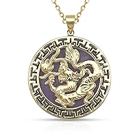 14k Yellow Gold 18” Green, Lavender, Onyx Jade Dragon Greek Key Circle Necklace (26mm x 32mm)