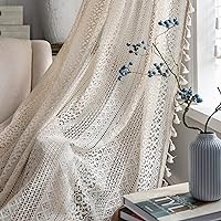 JOOJA 2 Panels Boho Curtains for Living Room Bohemian Lace Sheer Curtains Crochet Vintage Beige Curtains for Bedroom (Crochet Beige, 59x63)