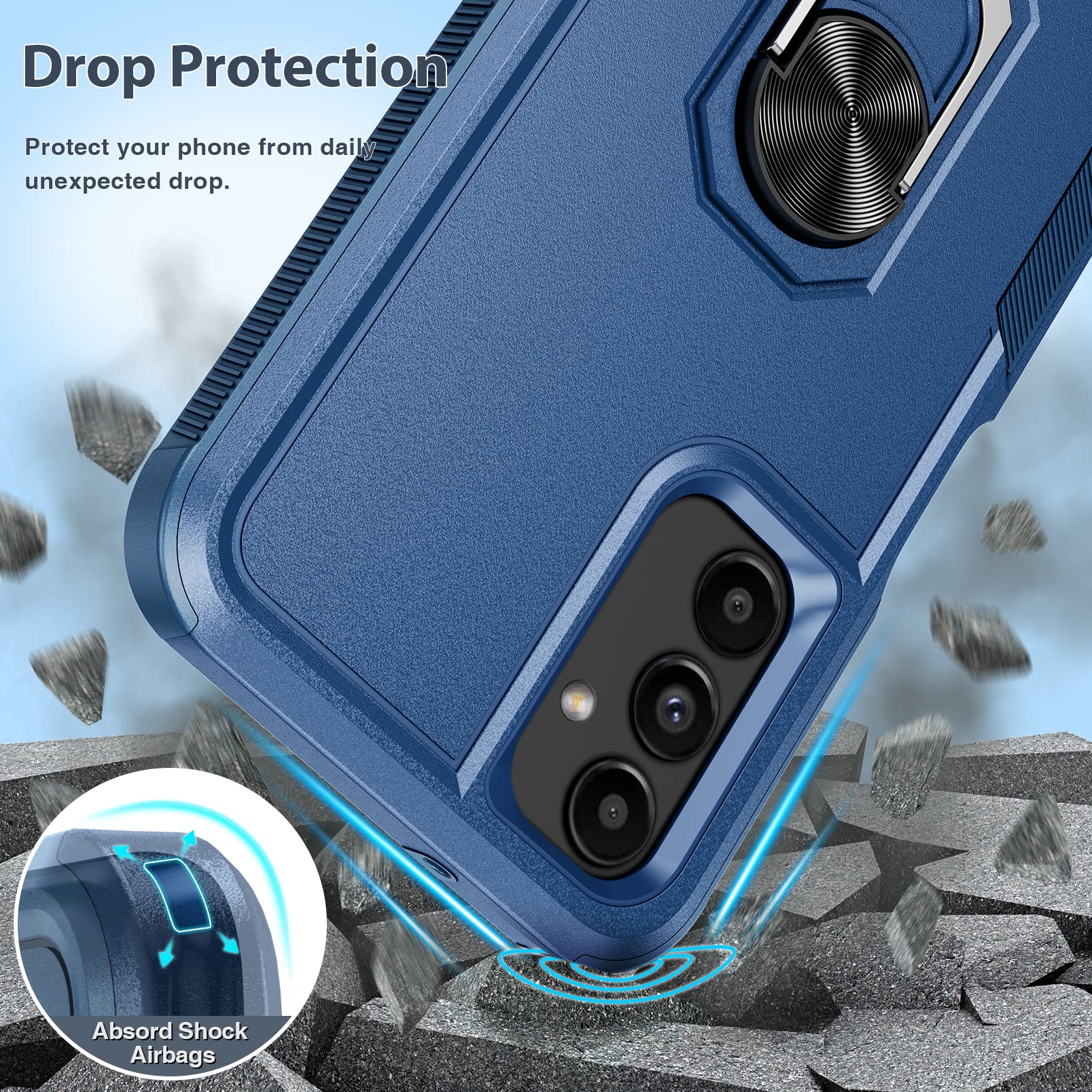 FNTCASE for Samsung Galaxy A14 5G Case: Dual Layer Shockproof Magnetic Kickstand Cell Phone Cover Protective with Rugged Ring Holder & Screen Protector Military Heavy Duty, 6.6 inch, 2023 (Navy Blue)