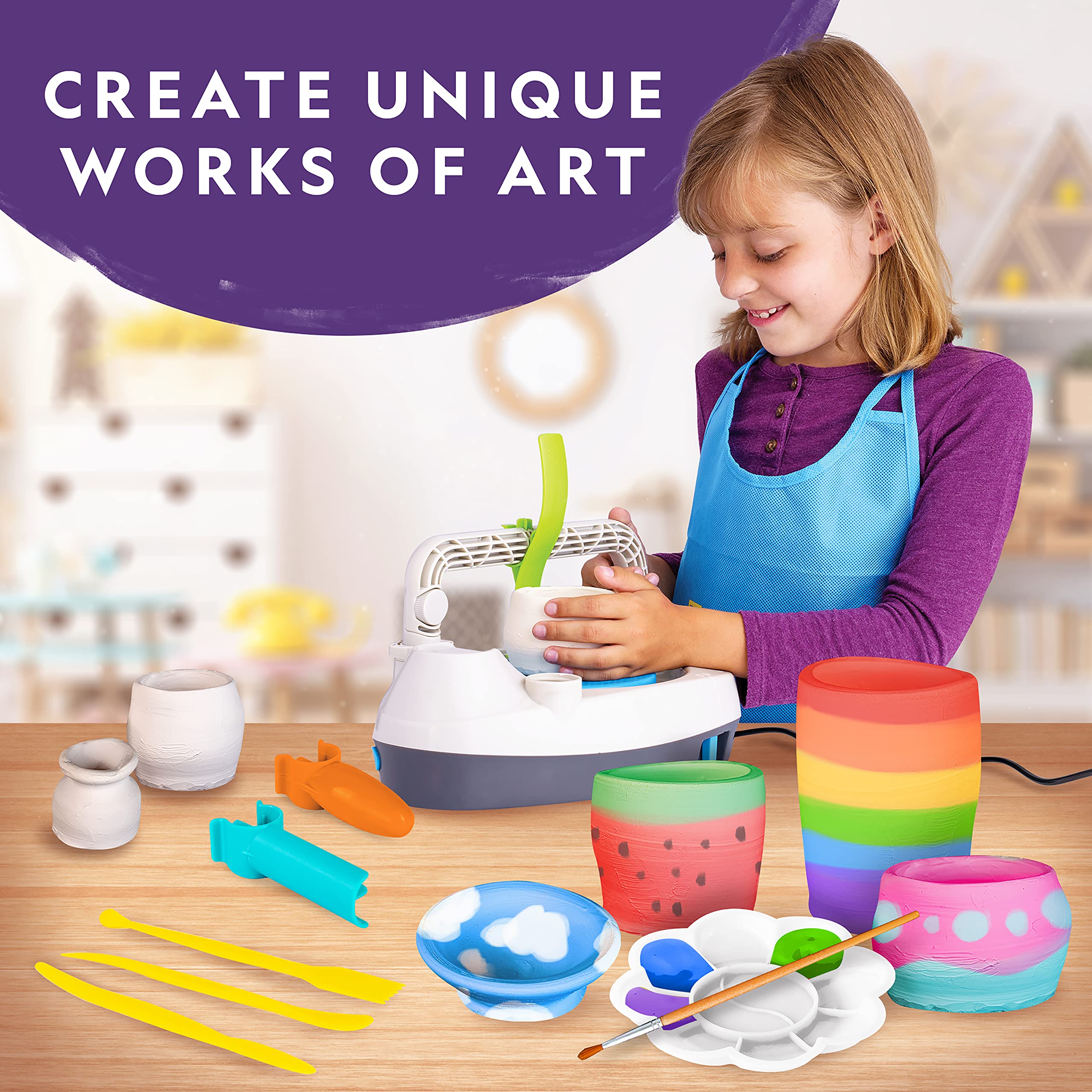 NATIONAL GEOGRAPHIC Pottery Wheel for Kids – Complete Pottery Kit for Beginners, Plug-In Motor, 2 lbs. Air Dry Clay, Sculpting Clay Tools, Apron & More, Patent Pending, Craft Kit (Amazon Exclusive)
