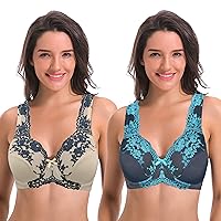 Curve Muse Women's Minimizer Unlined Underwire Bra with Lace Embroidery-2 Pack