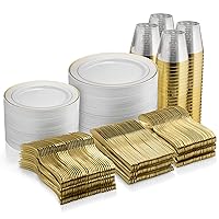 Munfix 600 Piece Gold Plastic Dinnerware Set, Disposable - 100 Gold Rim 10 inch and 7 Inch Plates, 300 Gold Silverware, 100 Gold Cups For 100 Guests