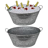 2 Pack Galvanized Metal 8 Gallon Oval Ice Bucket with Handles, Beverage Holder Tub for Farmhouse or Country Themed Party - by SciencePurchase (Silver with Metal Handles)