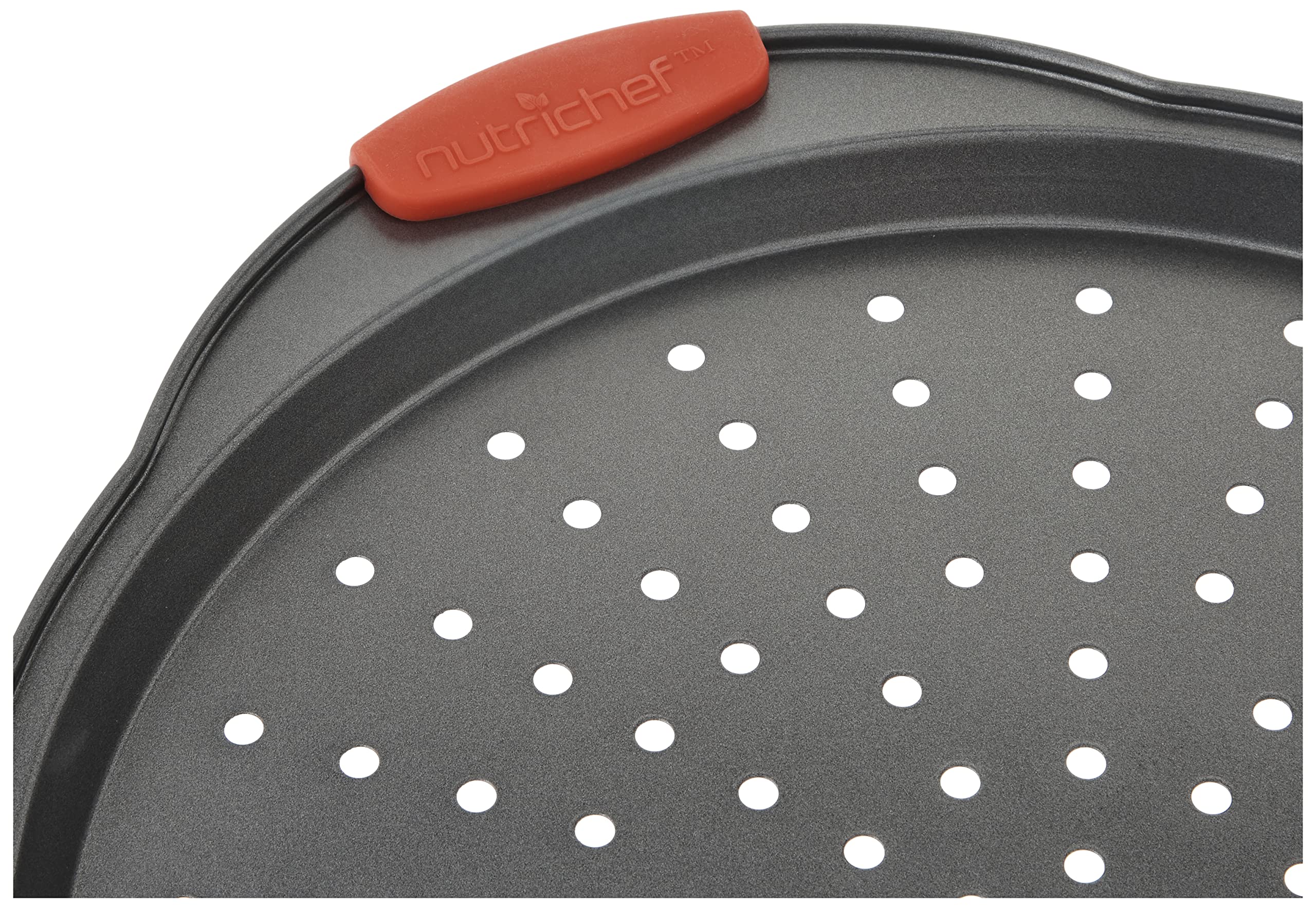 NutriChef Non-Stick Pizza Tray - with Silicone Handle, Round Steel Non-stick Pan with Perforated Holes, Premium Bakeware, Pizza Tray with Silicone and Oversized Handle, Dishwasher Safe - NCBPIZ3