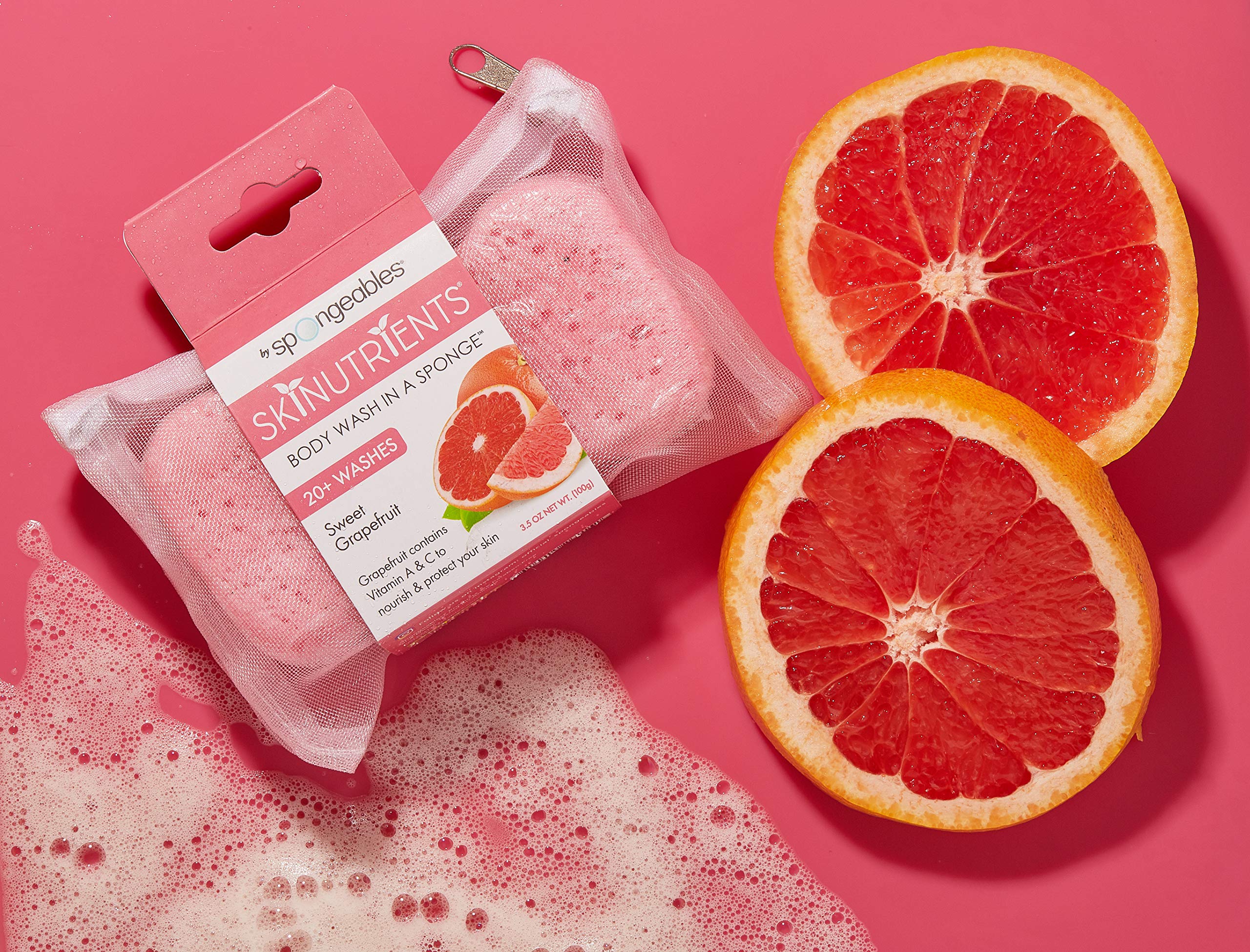 Spongeables Skinutrients Moisturizing Body Wash in a Sponge 20+ Washes Paraben and CrueltyFree Pack , Pink, sweet grapefruit, (Pack of 3)
