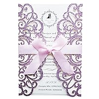 5 x 7.3 Inch 50PCS Purple Wedding Invitations Kit with Envelopes Blank Laser Cut Invitation Cards for Quincenera Engagement Party Invites (Purple Glitter)