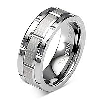 100S JEWELRY Tungsten Rings For Men Wedding Band Silver Brick Pattern Brushed Engagement Promise Size 6-16