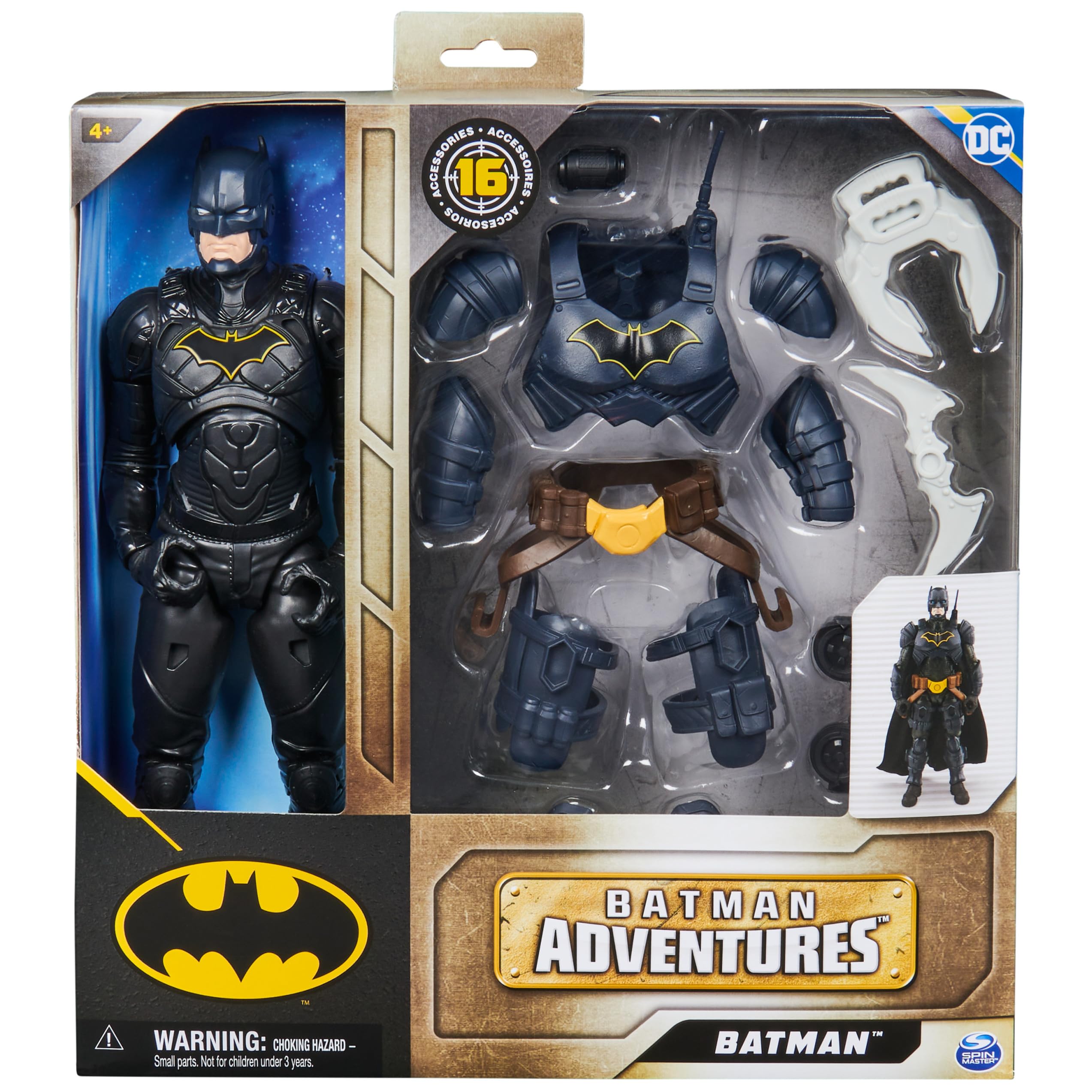 DC Comics, Batman Adventures, Batman Action Figure with 16 Armor Accessories, 17 Points of Articulation, 12-inch, Super Hero Kids Toy for Boys & Girls