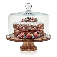 Libbey Footed Acaciawood Round Wood Cake Stand with Glass, Clear (Dome) / Brown (Server)