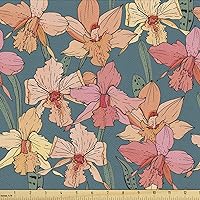 Ambesonne Floral Fabric by The Yard, Graphical Pattern of Budding Summer Time Orchid Flowers Soft Colored, Decorative Fabric for Upholstery and Home Accents, Blue Coral
