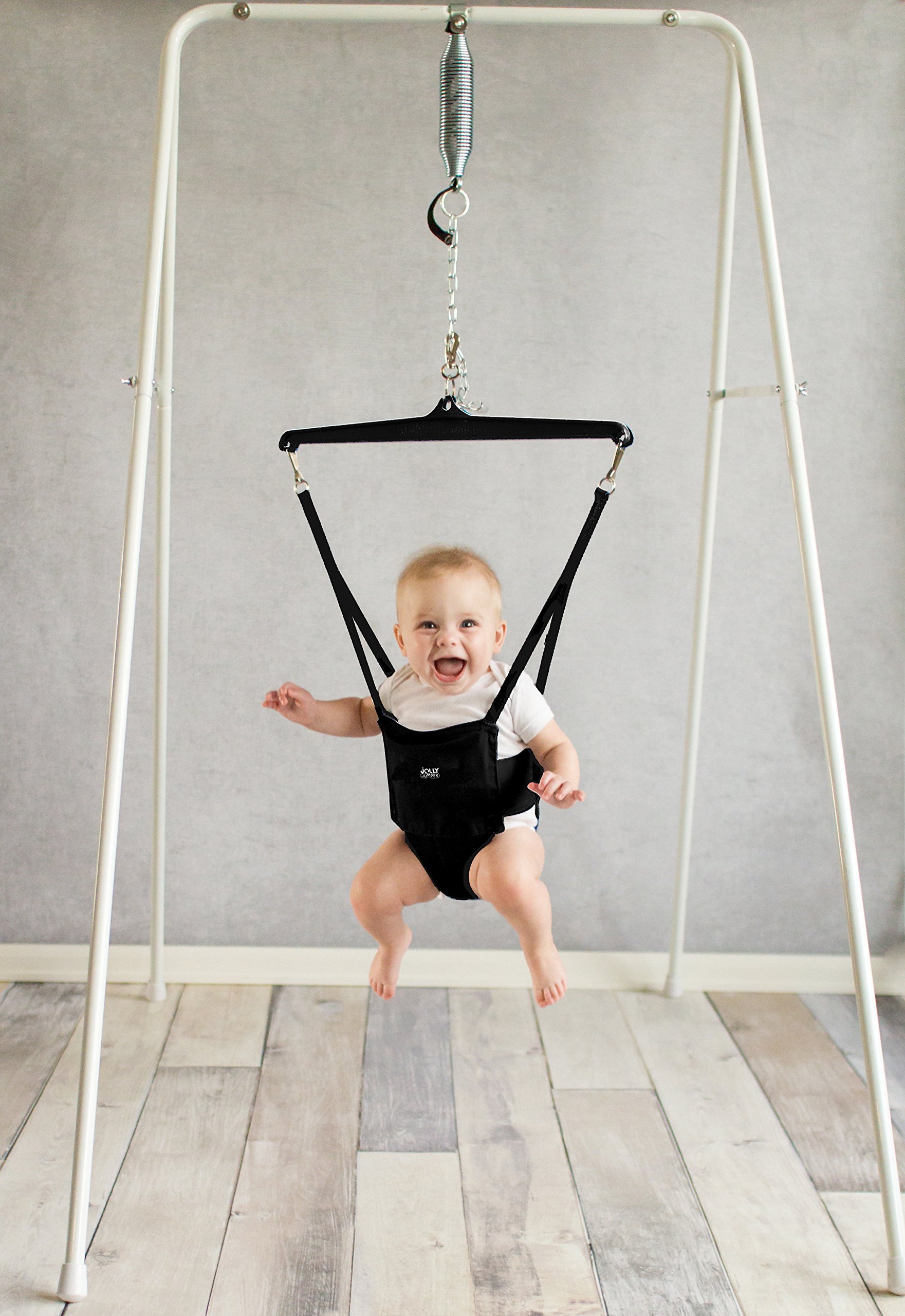 Jolly Jumper **Classic** - Carbon Black Saddle - The Original Jolly Jumper with Stand. Trusted by Parents to Provide Fun for Babies and to Create Cherished Memories for Families for Over 75 Years.