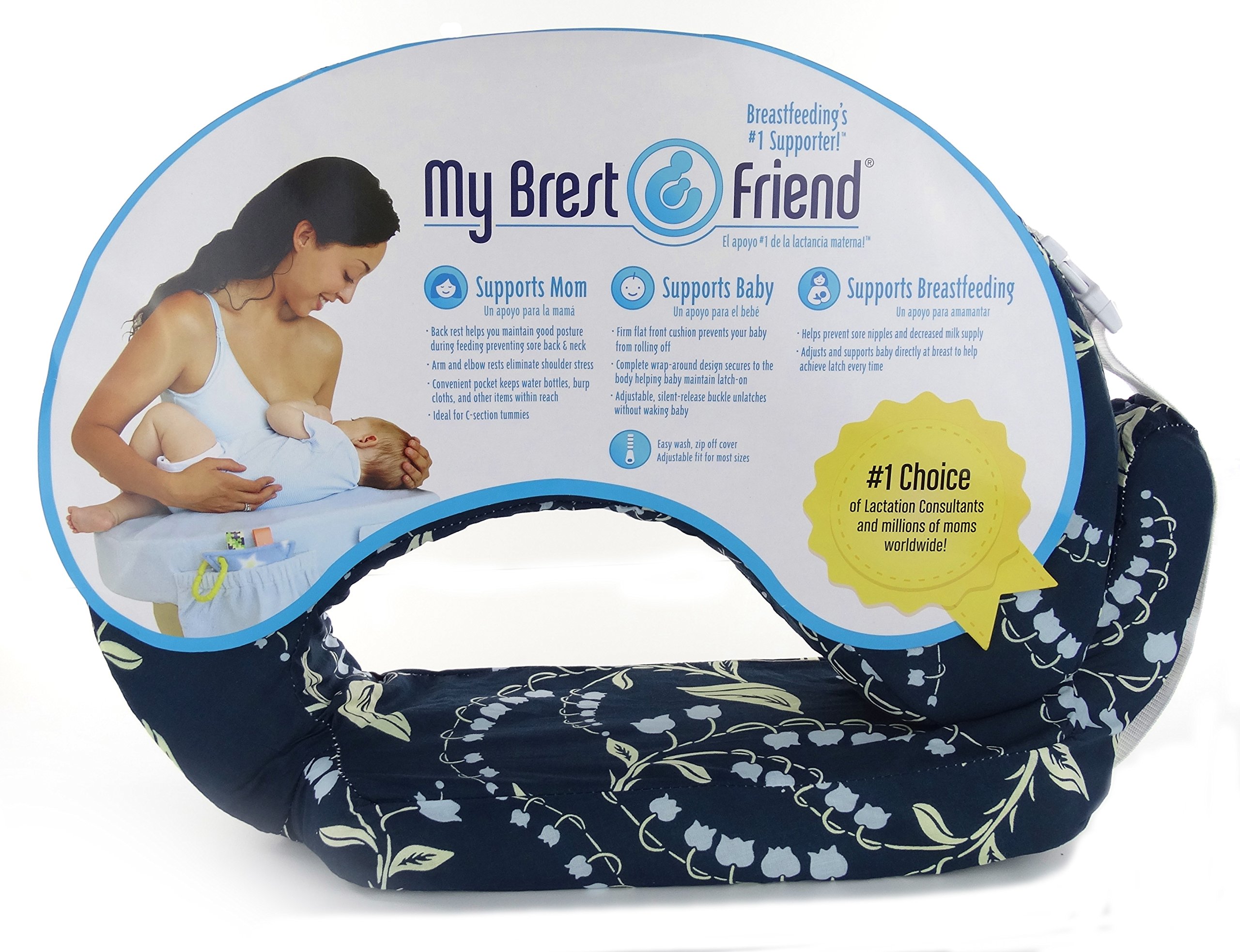 My Brest Friend Original Nursing Pillow | Ergonomic Breastfeeding Pillows | Supports Both Mom & Baby | Breastfeeding Essentials | Handy Side Pocket, Double Straps & Removable Cover, Navy Bluebells