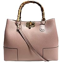 Women's Genuine Leather Bag with Real Bamboo Handles/Elegant and Minimal/Luxury Bag, Pink Nude