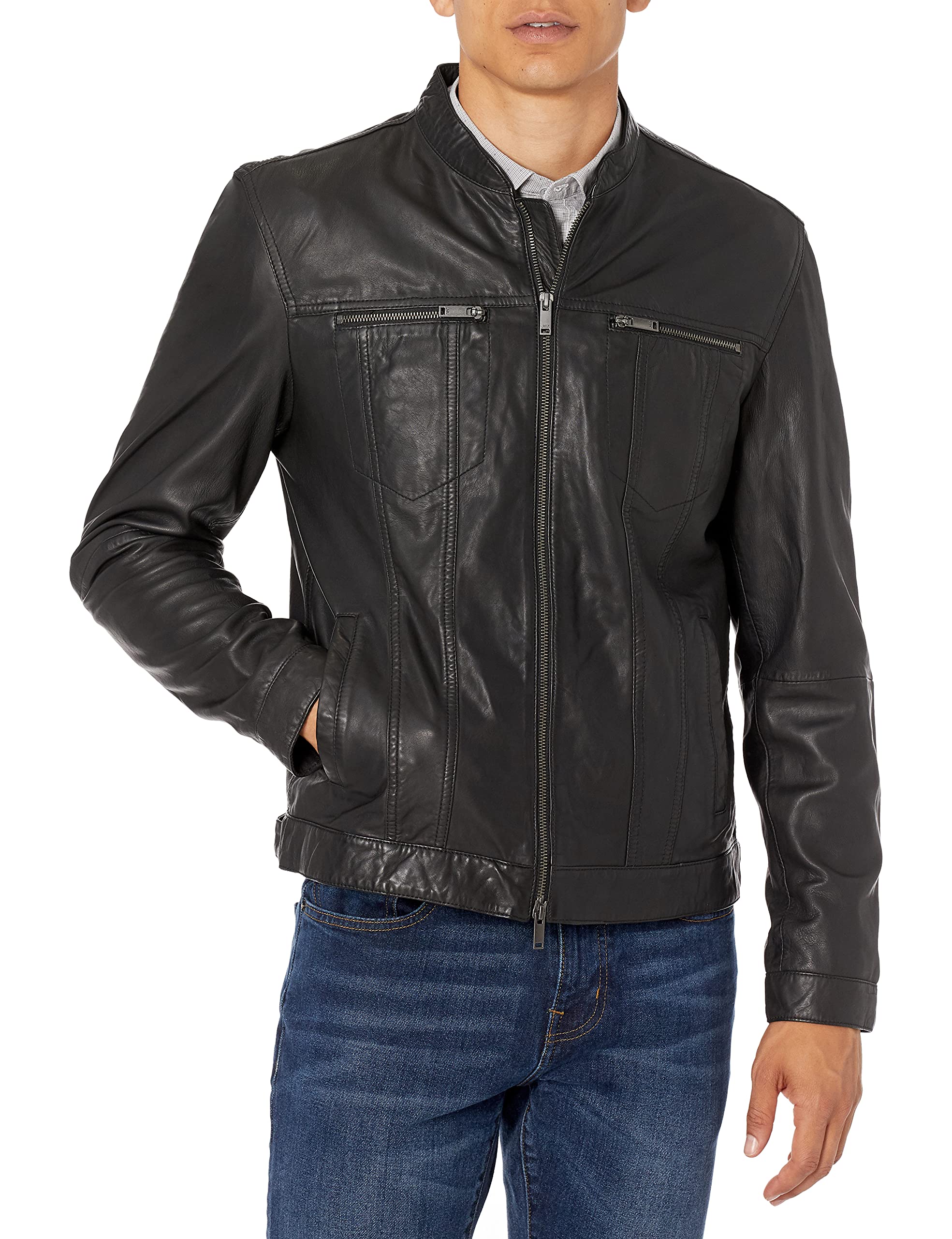 John Varvatos Star USA Men's Brando Band Collar Leather Jacket