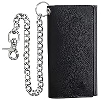 F&L CLASSIC RFID Blocking Mens Tri-fold Long Style Cowhide Leather Steel Chain Wallet,Black