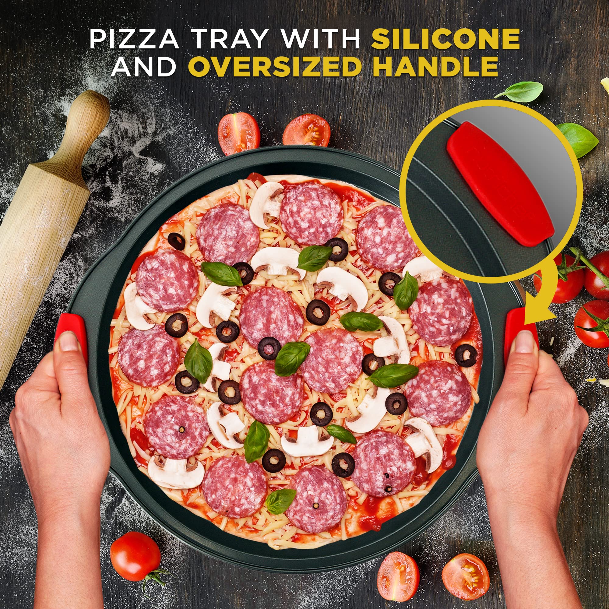 NutriChef Non-Stick Pizza Tray - with Silicone Handle, Round Steel Non-stick Pan with Perforated Holes, Premium Bakeware, Pizza Tray with Silicone and Oversized Handle, Dishwasher Safe - NCBPIZ3