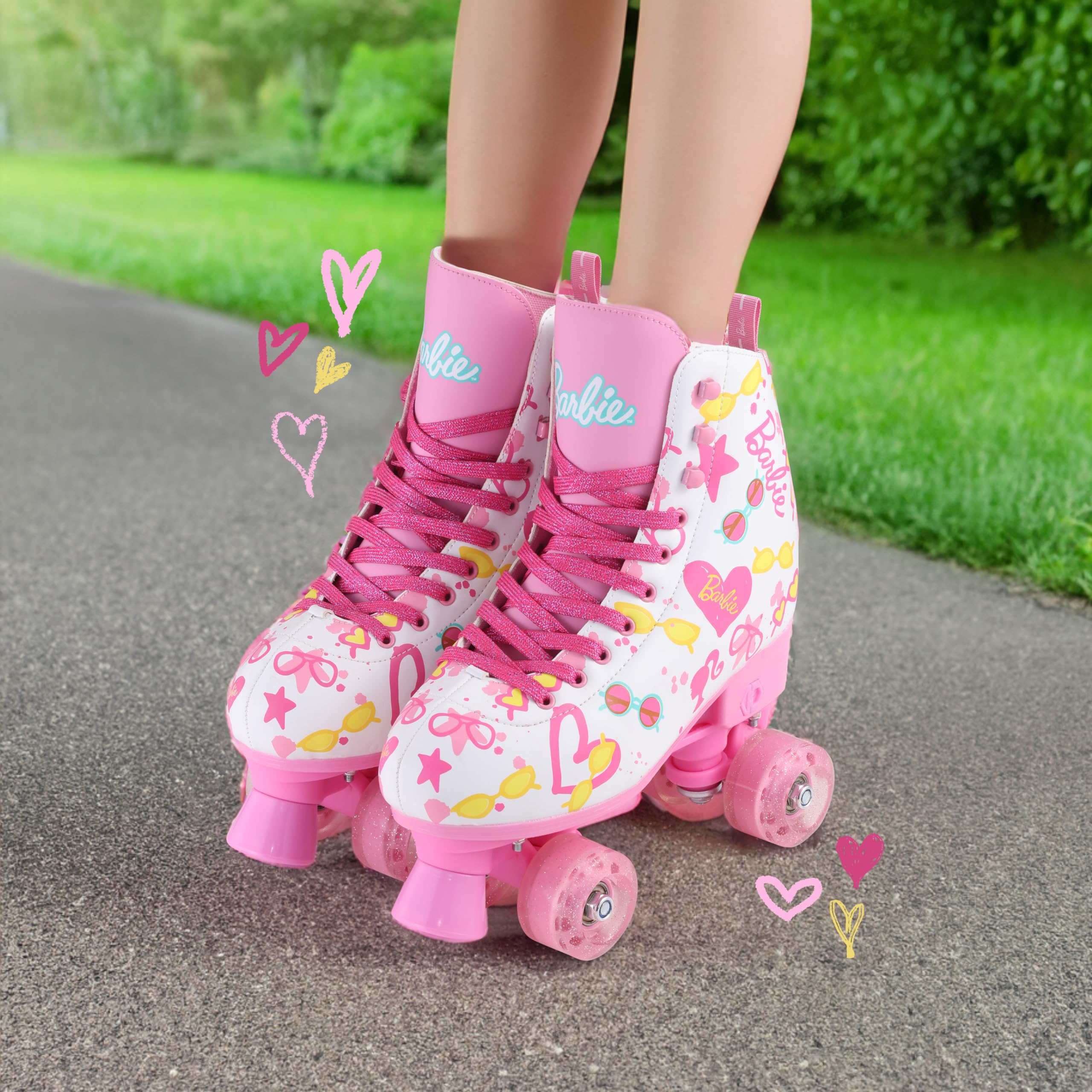 BARBIE Roller Skates for Girls - Adjustable Sizes 12-2, Glitter Wheels, ABEC 5 Bearings - Durable PVC Material, Foam Shoe Lining - Perfect for Active Fun and Adventures, Size 12-2