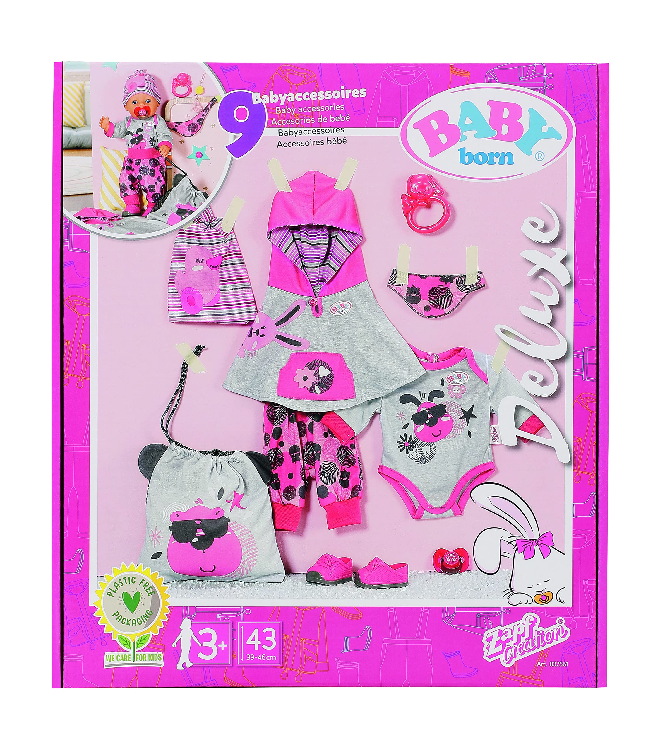 BABY born Deluxe First Arrival 832561 Clothing Accessories for 43cm Dolls for Toddlers - Includes 9-Piece Clothing Set & Dummy Eye Function - Suitable from 3 Years