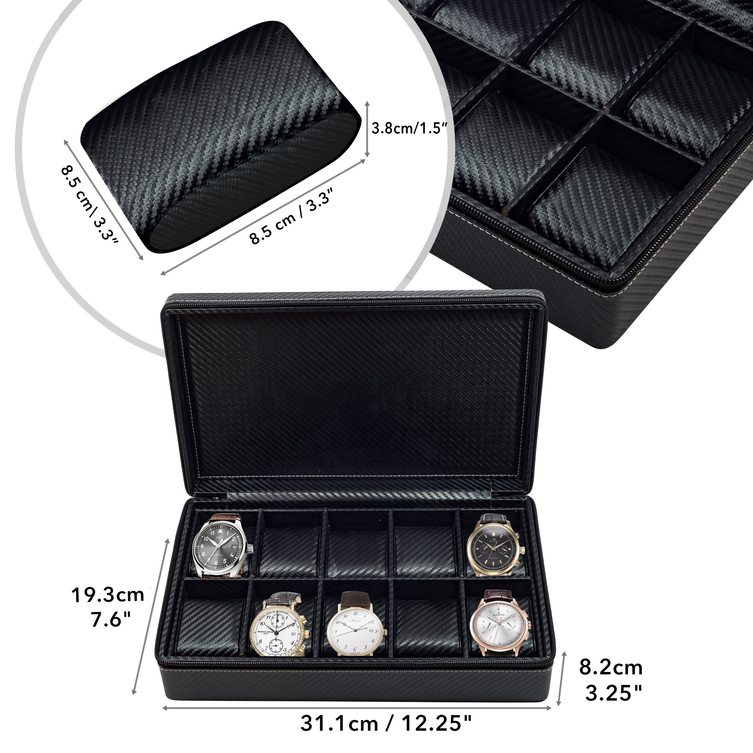 TimelyBuys 10 Watch Briefcase Black Carbon Fiber Zippered Travel Storage Case 50MM Father's Day