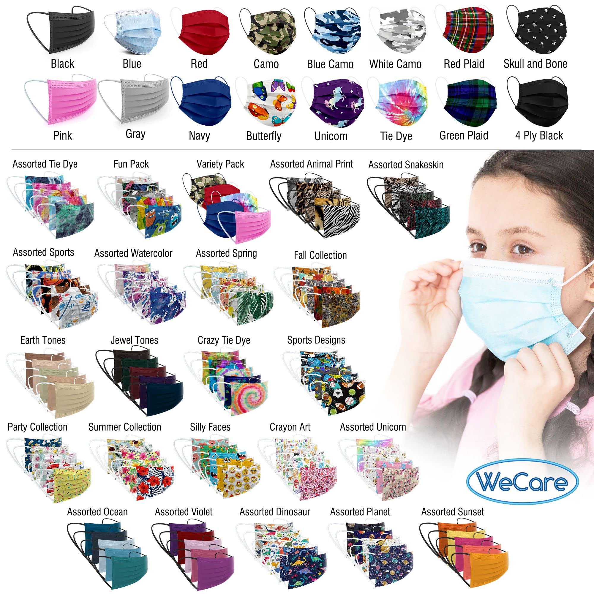 Individually Wrapped Face Masks for Kids - 50 Pack - Tie Dye