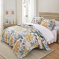 Quilt Queen Size Bedding Set - Floral Quilt Bedspread 3 Pieces for Queen Bed Tropical Rustic Bedding Set in Flower Style Print Vintage Quilt Sets as Coverlet Cabin Bed Spread and Country Quilts