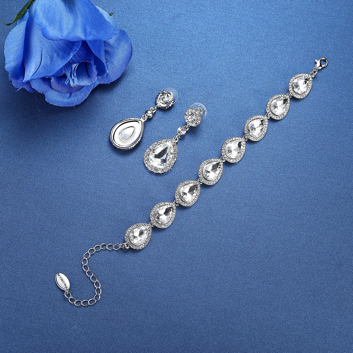 mecresh Flower Teardrop Earring and Bracelets Silver/Gold/Champagne Bridal Jewelry Sets for Women