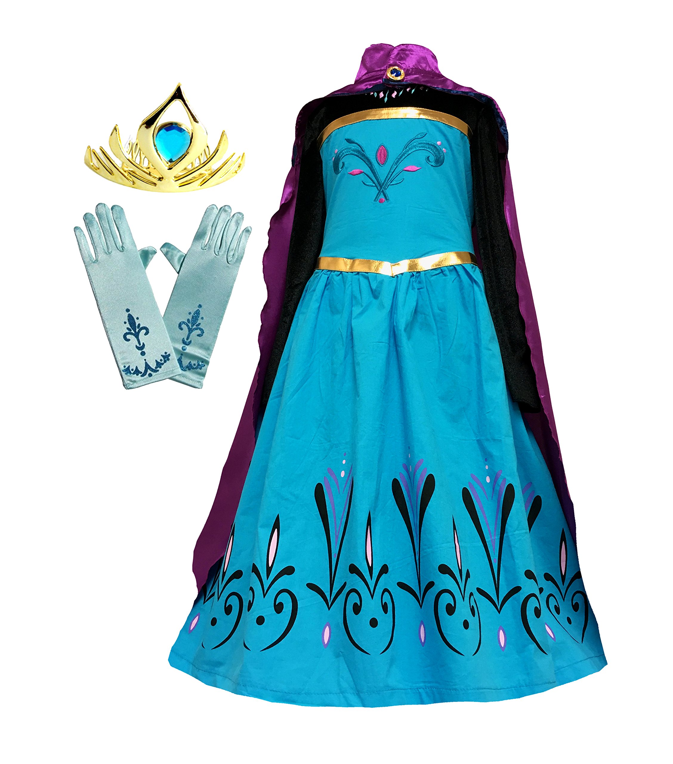Cokos Box Girls Coronation Dress Costume Cape Gloves Tiara Crown Accessories Kids Set (4T, Blue-Purple)