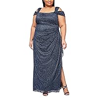 Alex Evenings Women's Plus Size Long Cold Shoulder Dress with Ruched Skirt