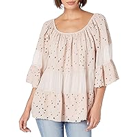 M Made in Italy Women's Elastic Shoulder Eyelet Bell Sleeve Blouse